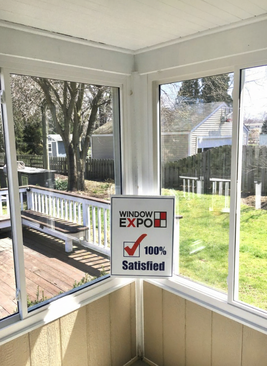 Patio door and window installation transforming the backyard of a Bay Village residence.