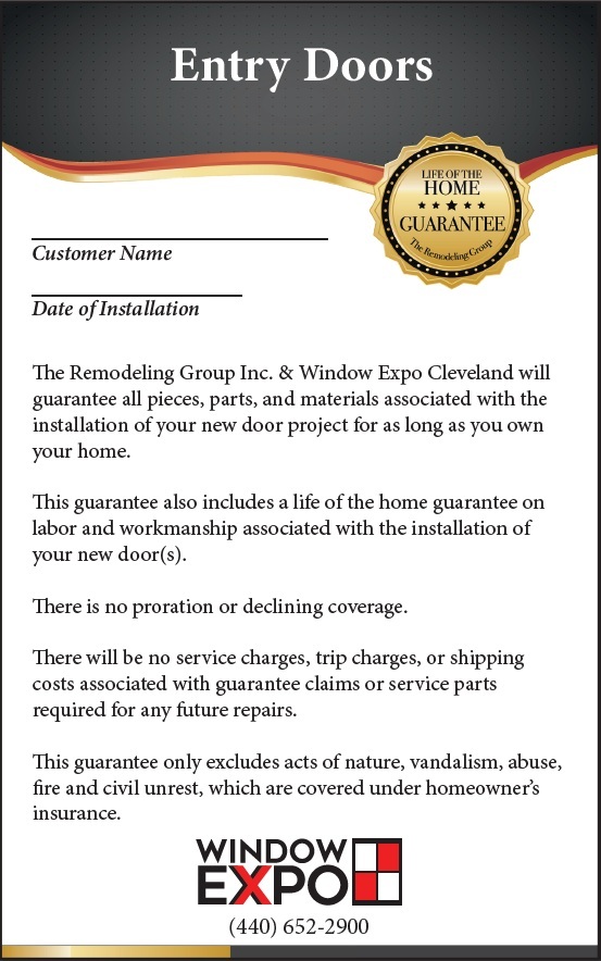 Entry doors showcasing warranty information and transfer process steps for homeowners.